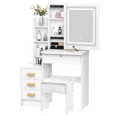 Vanity Desk with Sliding Mirror & LED Lights - Makeup Dressing Table with Drawers, Shelves and Hidden Storage for Bedroom