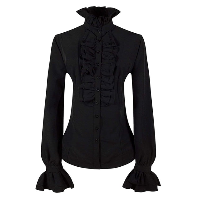 Womens Shirts Tops Long Sleeve With Punk Ruffles Fall Clothes for Women Tees Blouses Black Size XL