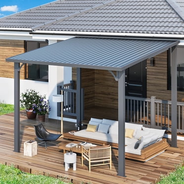 AECOJOY 10' x 8' Hardtop Pergola Gazebo, Wall-Mounted Heavy Duty Metal Awning for Patio, Large Galvanized Steel Outdoor Pergola