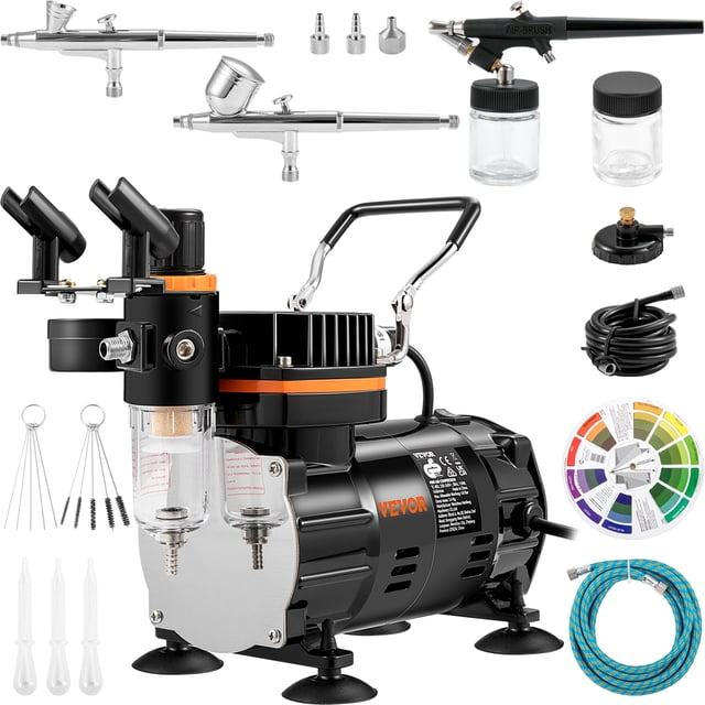 VEVOR Airbrush Kit, a professional airbrushing system featuring a compact compressor with dual cooling fans, three dual-action gravity feed airbrushes (0.2mm, 0.3mm, 0.8mm), and multiple accessories including a connector hose, spray-gun holder, color mixing wheel, and cleaning brushes. Ideal for art, nail design, cake decoration, and more. The kit includes FDA-certified food-grade components for safe use in food decoration.