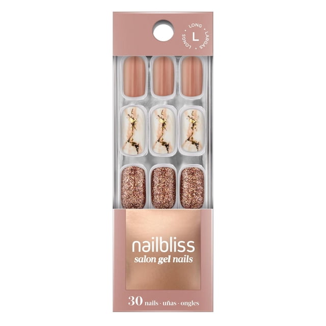 DASHING DIVA - GEL NAIL - MOODY MARBLE large size set of 30 professional gel nails featuring nude solid, white marble with gold veining, and rose gold glitter designs, chip resistant, waterproof, flexible for up to 10 days wear