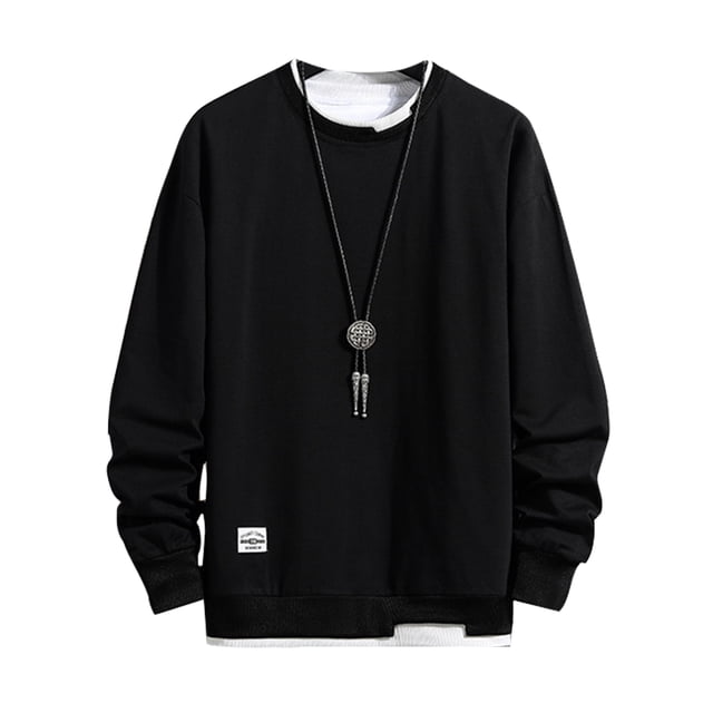 LUXUR Mens Fake Two Pieces Pullover Leisure Work Tops in black, size 4XL. This long-sleeve crew neck sweatshirt features a layered design with a white underlay visible at the neckline and hem. Made from a lightweight blend of 95% polyester and 5% spandex, it offers a relaxed fit and hip-length cut. Suitable for casual, work, or everyday wear during autumn and winter. The solid black color and versatile style pair well with jeans or joggers for a cozy, trendy look.
