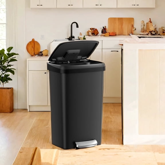 LEDREM 12-Gallon Plastic Trash Can with Stainless Steel Lid, Soft-Close Pedal Bin with Wheels & Carbon Filter,Ink Black