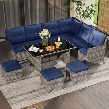 Costway Ensemble de Salle à Manger de Patio 7 Pcs Ensemble de Canapé Sectionnel en Rotin PE avec Coussins Doux Bleu