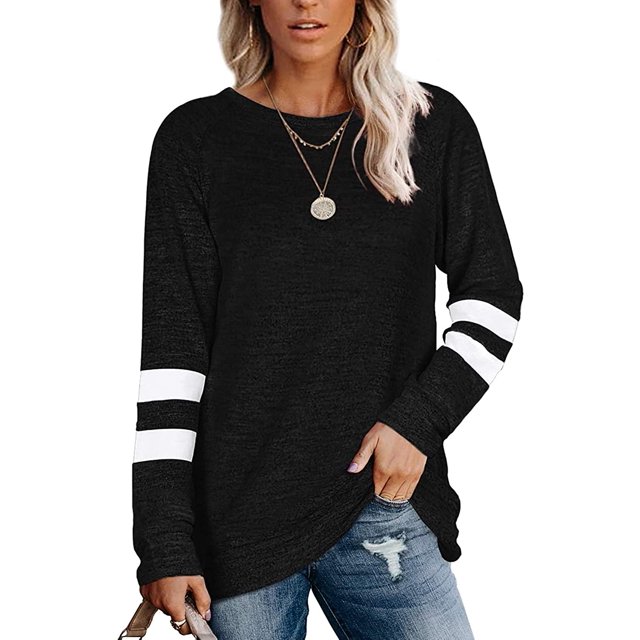 T-Shirts Décontractés à Rayures à Manches Longues pour Femmes, Col Rond, Hauts Unis, Blouse Ample Décontractée