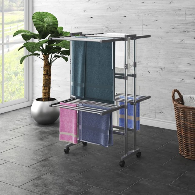 vidaXL 2-Tier Laundry Drying Rack with Wheels Silver 60x70x106 cm