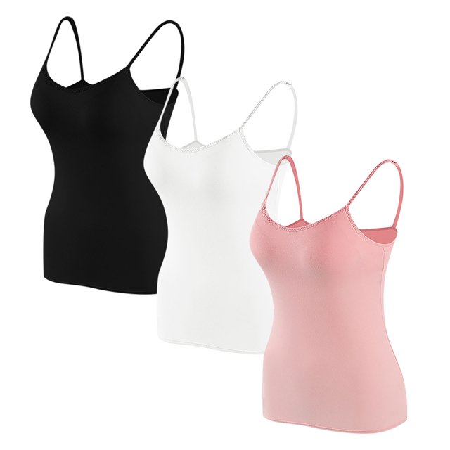 Timegard Camisoles pour Femmes 3 Pcs avec Soutien-Gorge Intégré Col Rond Bretelles Spaghetti Ajustées Douces Maillots de Corps Décontractés Hauts de Pyjama