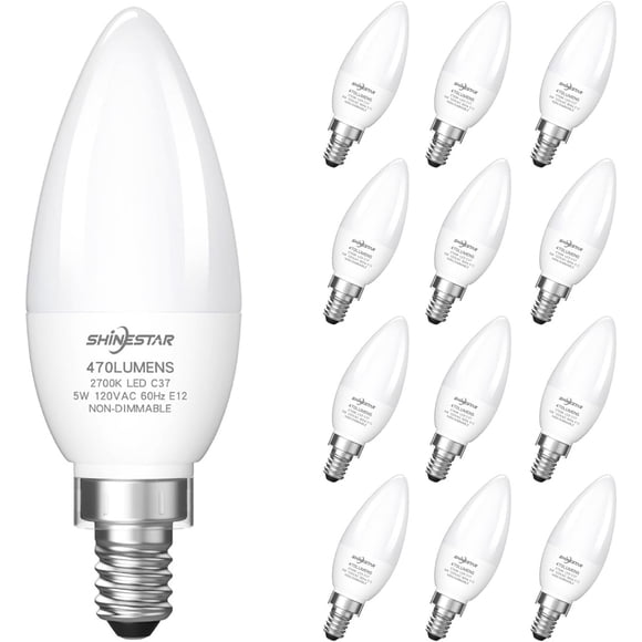 SHINESTAR 12-Pack Candelabra 40W Equivalent LED Light Bulbs, 2700K Warm White Ceiling Fan Lightbulbs, Type B Small E12 Base, 5W B11 Chandelier Bulb, C37 Candle Lights, Non-dimmable