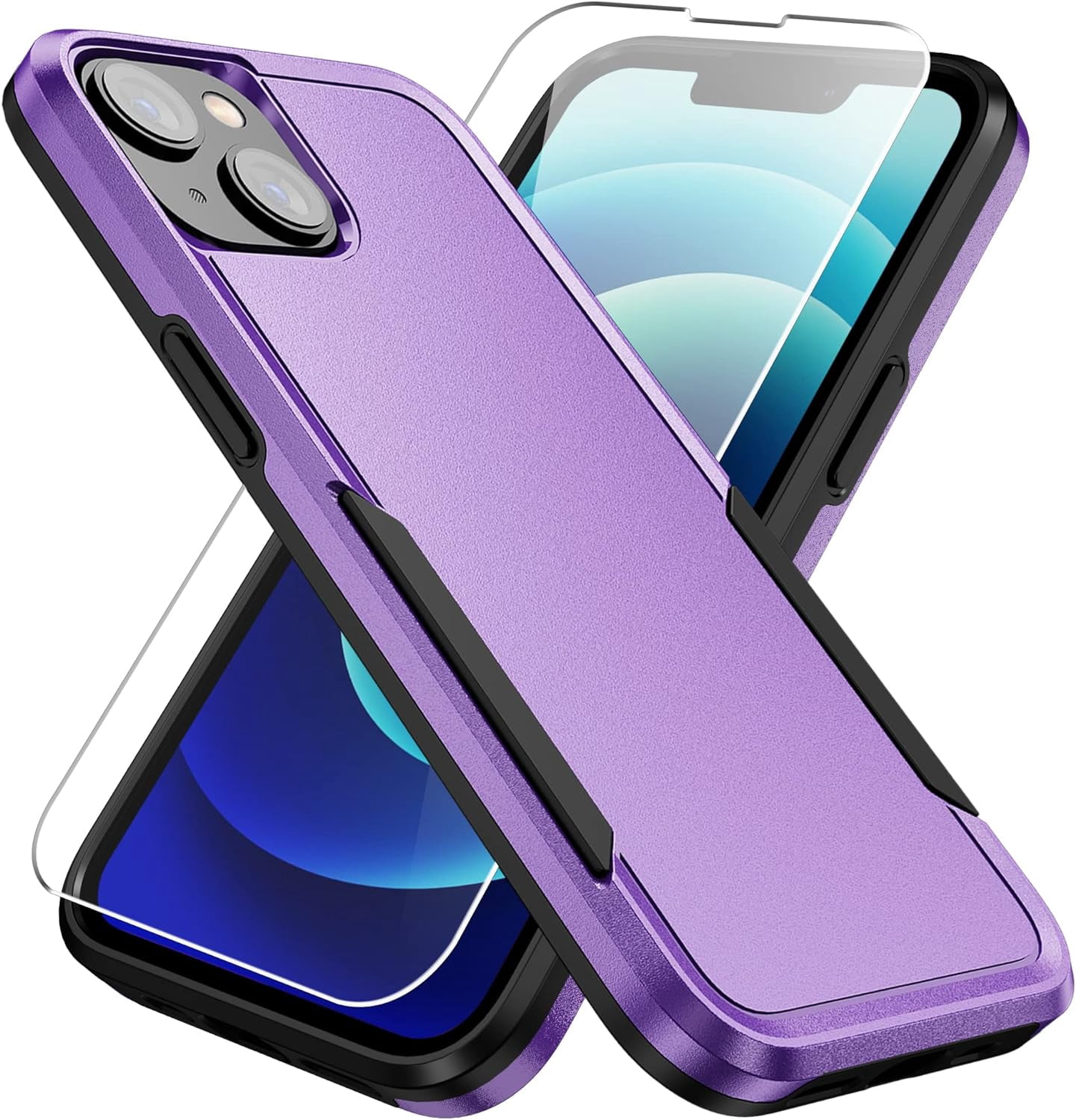 Heavy Duty Phone Case Designed for Apple iPhone 15 Case with 1Pc Tempered Glass Screen Protector, Shockproof Dropproof Anti-Scratch Phone Case Cover for Apple iPhone 15,Purple