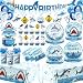 thumbnail image 3 of Shark Birthday Party Decorations, 190Pcs Shark Party Supplies Tableware Set with Plates,Napkins,Cups,Tablecloth,Banner,Hanging Swirls,Balloons,Cake Topper,Cupcake Toppers for Under The Sea Party Decor, 3 of 5