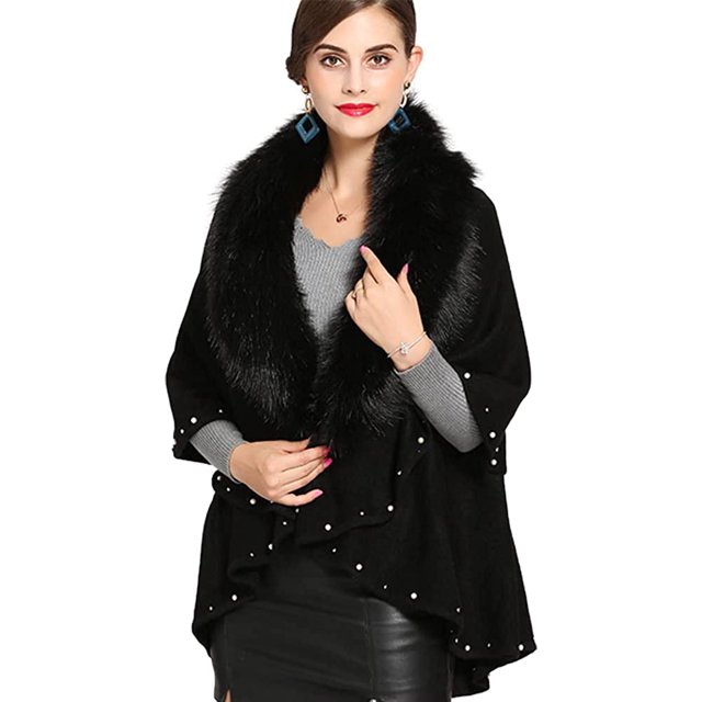 LinYooLi Poncho Cape en Fausse Fourrure pour Femmes, Col Châle, Couleur Unie, Ouvert devant, pour Automne Hiver 2022