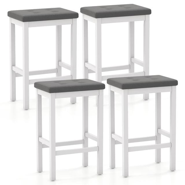 Gymax 24'' Upholstered Bar Stools Set of 4 Home Kitchen Stools w/ Solid Wood Support Legs Gray & White