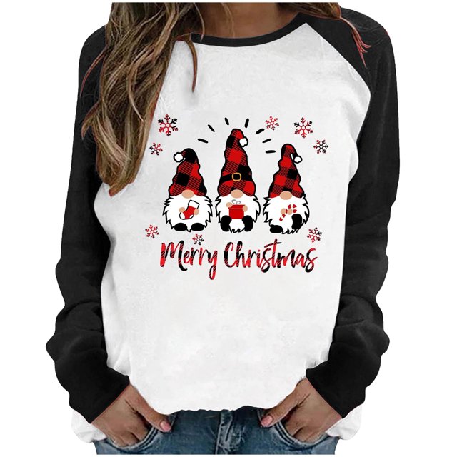 RKSTN Chandail pour Femmes de Noël à Col Rond, Chandail Imprimé du Père Noël, Manches Longues, Blouse Régulière à Empiècements