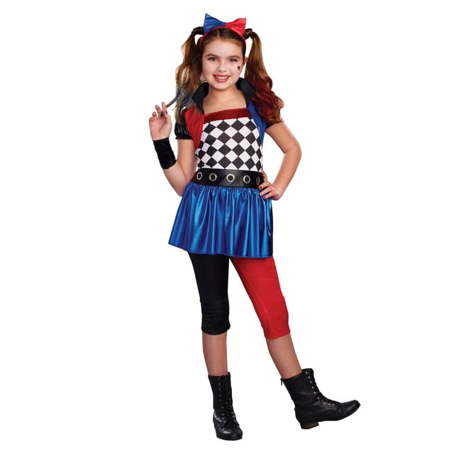 Déguisement d'Halloween Petite pour Fille Lil' Harlequin avec Robe Chandail à Motif Losange, Manches Bouffantes et Garniture Oeillets, Mini-Jupe Bleu Métallique Retournable, leggings Courts Noirs et Rouges, Bandeau à Nœud Fendu, Masque pour les Yeux Noir et Poignets, Style avec Bottes à Lacets Noires pour l'Halloween Ou les Fêtes Costumées.