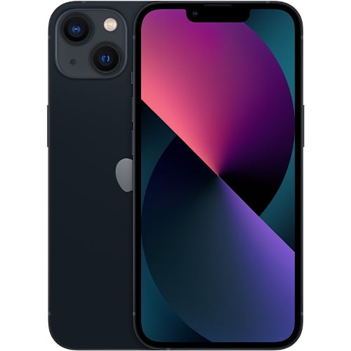 Apple iPhone 13 128GB Unlocked in black, refurbished in mint condition. The front-facing view shows the edge-to-edge display with a small notch at the top, while the back view highlights the dual-camera system and Apple logo. Packaged in 'The Mobile Base' branded box with a USB cable and wall USB adapter.