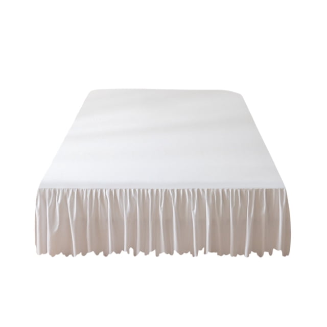 Cotton Bed Sheets Pure Color Bed Skirt in solid white with ruffled edges, crafted from a polyester-cotton blend. This fitted bed skirt measures 200x150cm and features a non-slip elastic cord for secure placement. Dust-proof and anti-skid, it protects mattresses from dirt and wear while enhancing bedroom decor with a minimalist aesthetic.