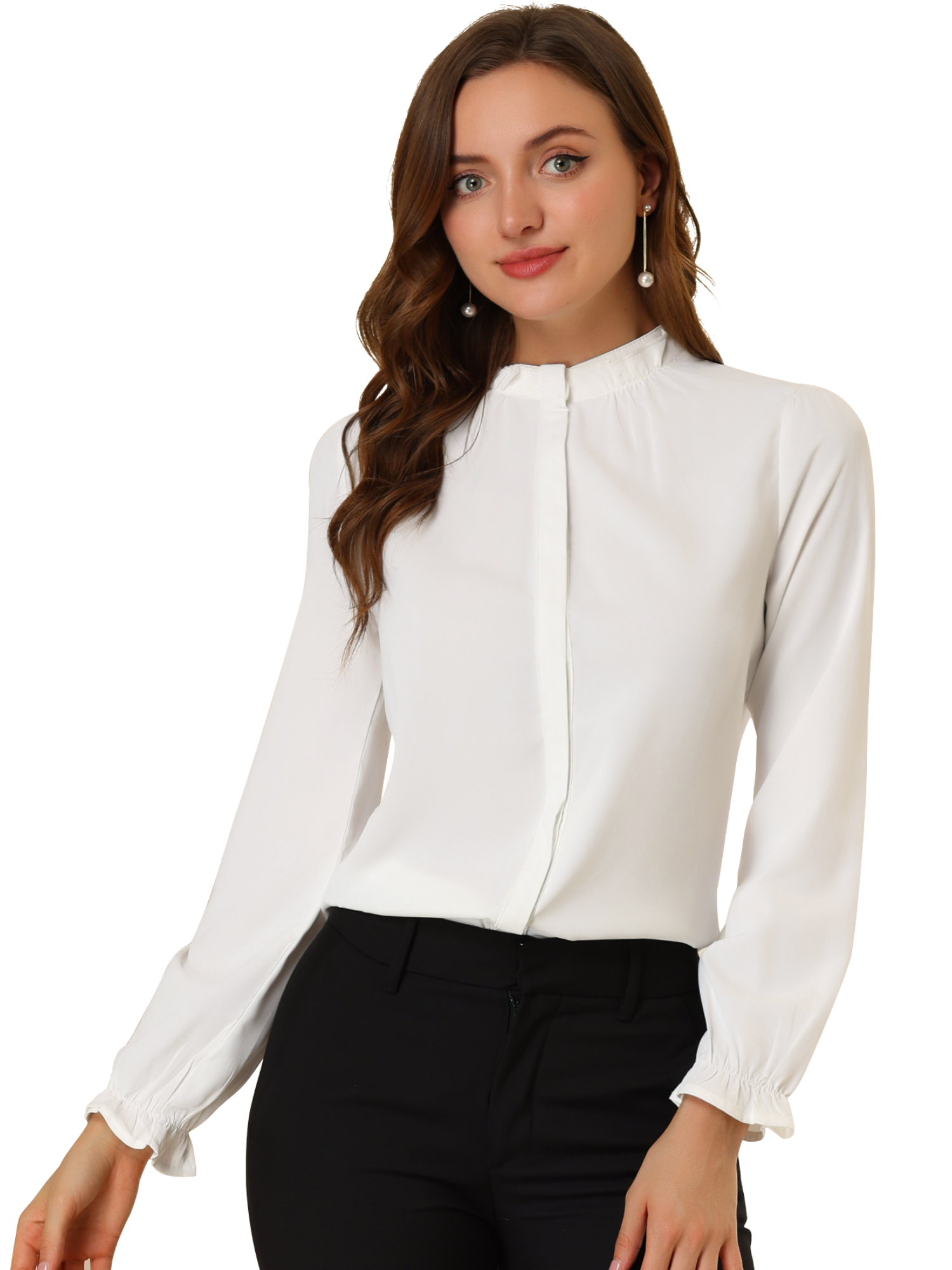 INSPIRE CHIC Blouse Haut à Col Montant à Volants Boutonné à Manches Longues pour Femme P Blanc