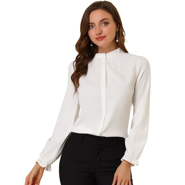 INSPIRE CHIC Blouse Haut à Col Montant à Volants Boutonné à Manches Longues pour Femme P Blanc
