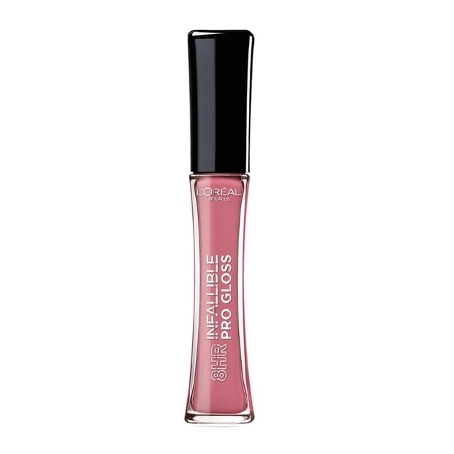 L'Oréal Paris Infaillible Le Gloss Lip Gloss, 6.3 ML, in a clear bottle with black cap, containing muted pink gloss. Offers eight hours of long-lasting wear, hydrating formula, and ultra-resistant shinefix. Features a heart-shaped applicator for precise lip contouring, ideal for smooth, soft, and luminous lips.