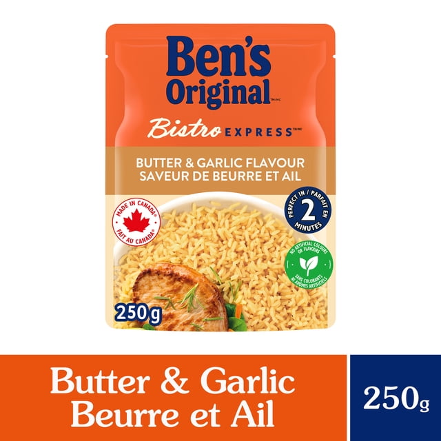 Ben's Original™ Bistro Express Butter & Garlic Flavour 250g pouch showing cooked golden rice with grilled chicken and herbs, labelled ready in 2 minutes, made in Canada, with no artificial colours or flavours, suitable as a quick side dish.