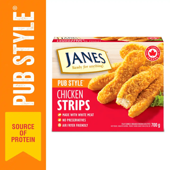 Languettes de poulet de style pub Janes®, 700 g, escalopes de poulet panées et congelées. Contient : Viande blanche. 700g