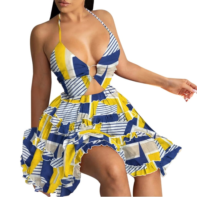 Ovzne Robes pour Femmes Robe Femme Robe Décontractée Imprimée Plissée Taille Élastique Sans Manches Robe à Col en V Robe de Printemps Imprimée Liquidation