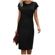 Women's Ruched Midi Dresses Cap Sleeve Bodycon Stretchy Dress Ruched Business Office Pencil Dress Black XXL