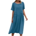thumbnail image 1 of yoeyez Robes en Coton et Lin pour Femmes pour l'Été, Robes Unies à Col Rond pour Dames, Coupe Ample, Manches Courtes, Robe Midi Décontractée de Plage Évasée Bleu, m, 1 of 7