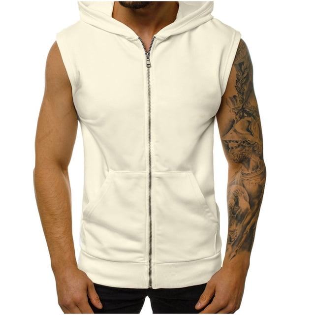 Men's Solid Color Sleeveless Zip-Up Hooded With Pockets Sleeveless Top(White,S)