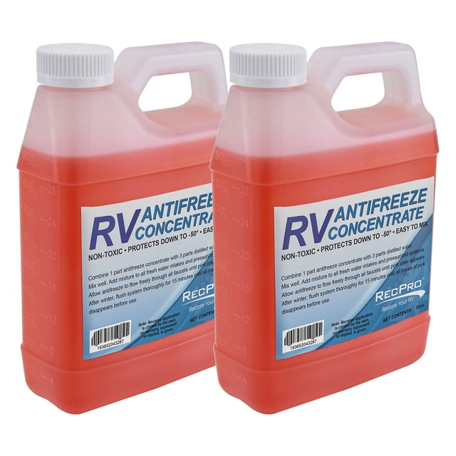 RecPro Liquide Concentré Antigel pour VR pour l'Hivernisation des Véhicules, Lot de 2 Bouteilles de Propylèneglycol Rouge de 32 Onces. Conçues pour l'Hivernisation des Systèmes d'Eau de VR, Offrant une protection contre les Éclats jusqu'à -50 °F Lorsqu'elles Sont Mélangées selon les Directives. Comprend une Formule Non Toxique Convenant aux Entrées d'Eau Douce, aux Cabines, aux Piscines et aux Systèmes d'Arts Marins. Chaque Bouteille Comprend des Repères de Mesure Transparents et un Bouchon à Vis Sécuritaire pour
