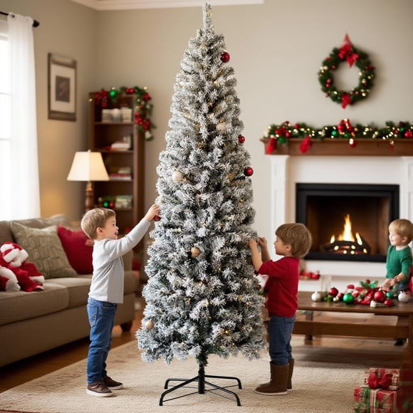 GOGRANT Arbre de Noël Crayon Enneigé de 6,5 Pi, Arbre de Noël Artificiel Mince Pré-Illuminé avec 586 Extrémités de Branches, 250 Lumières Blanc Chaud 8 Modes, Déco des Fêtes Gain de Place pour Maison Bureau Appartement