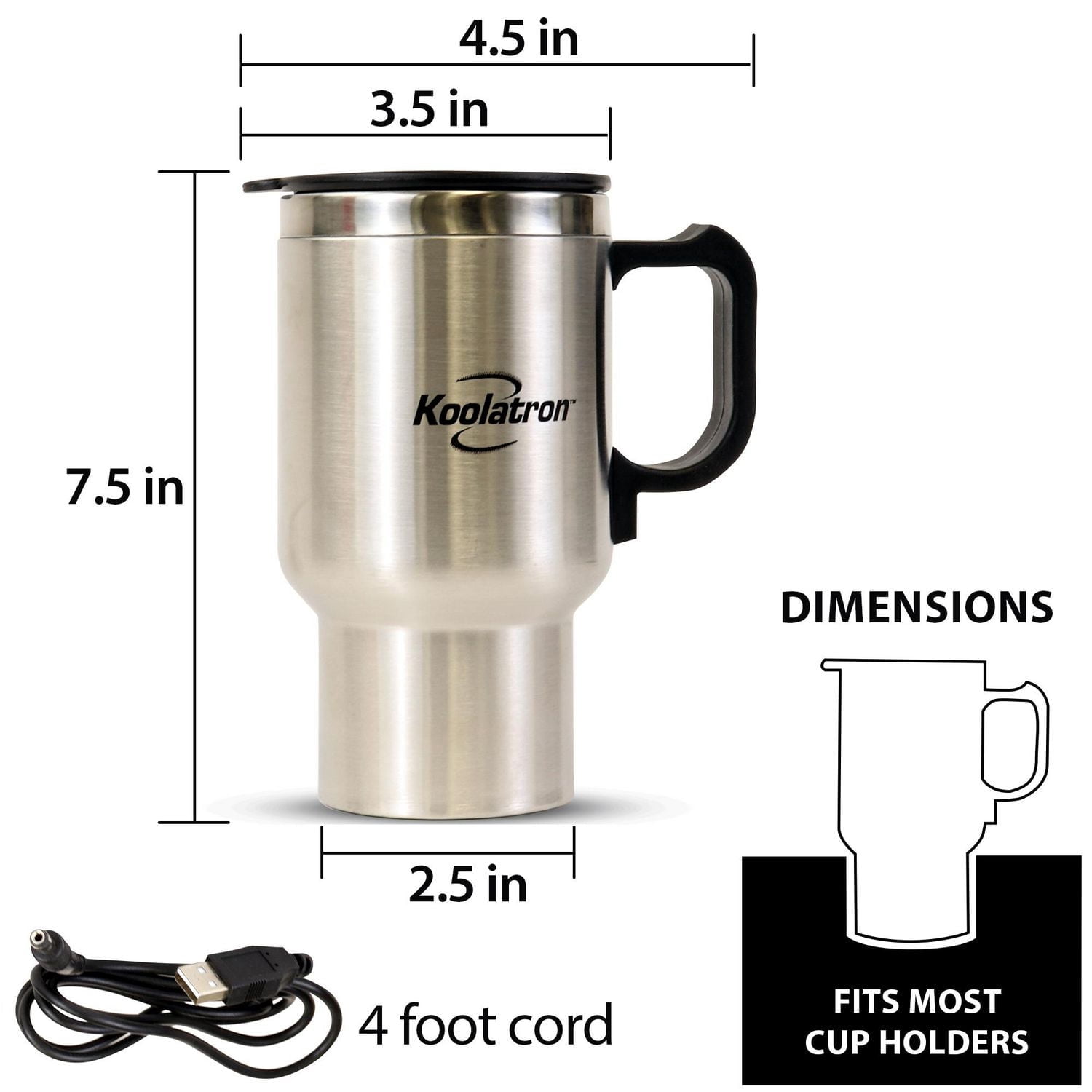 Koolatron Tasse chauffante électrique 12V/USB (argentée), mug chauffant portable pour voiture, camion et en déplacement