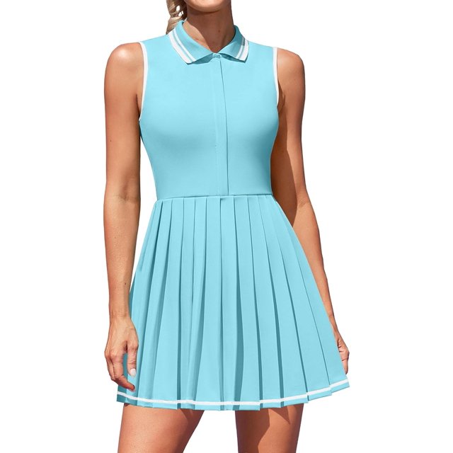 ATTRACO Robe de Tennis pour Femmes, Robe Polo Côtelée de Golf à Demi-Glissière, Robe d'Entraînement Plissée avec Short et Soutien-Gorge Intégrés