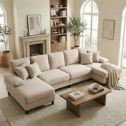 ZAFLY U Shaped Sectional Sofa, 4-Seat Double Chaise Linen Couch for Living Room,Beige