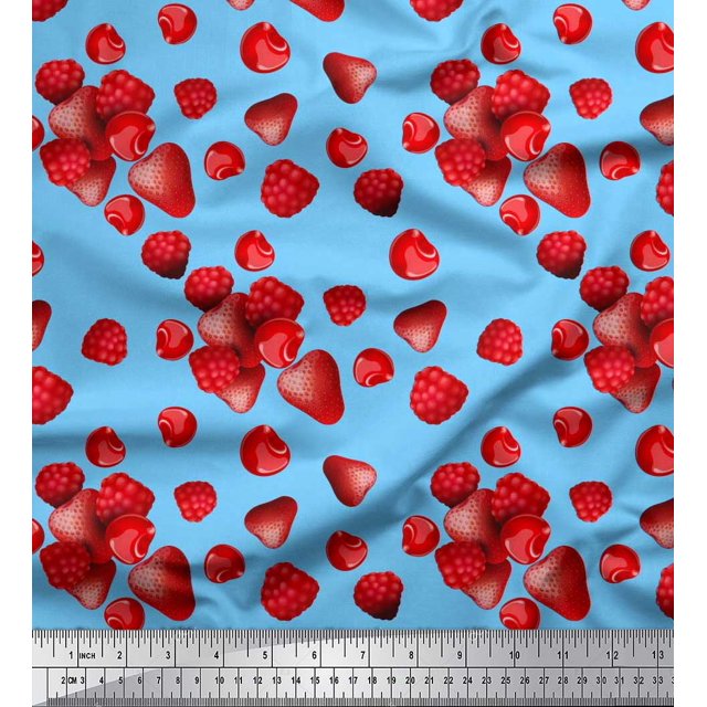 Soimoi Cotton Duck Fabric Raspberry,Strawberry & Cherry Fruits Print Fabric by The Yard 56 Inch Wide