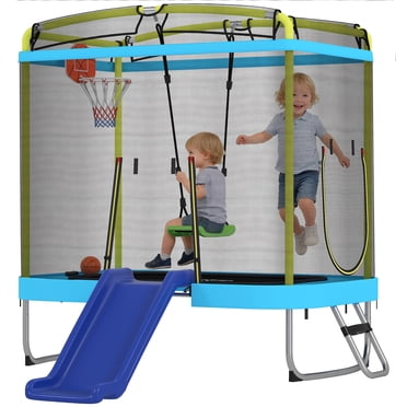 Qaba 70" x 47" Trampoline for Kids Indoor & Outdoor with Slide, Light Blue