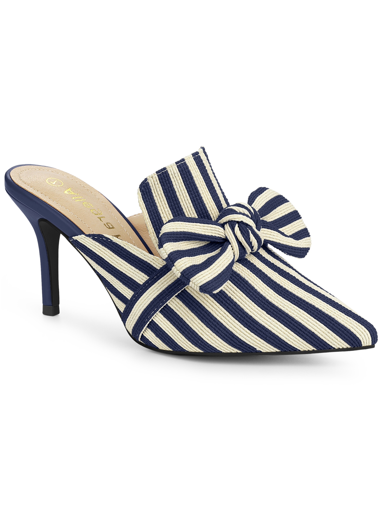 BLISSFUL STEP Women's Stiletto Heel Mules Pointed Toe Stripe Bow Slip-On Dress Shoes Deep Blue 9