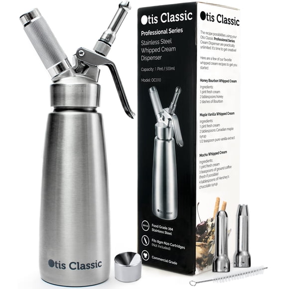 Otis Classic Whipped Cream Dispenser Stainless Steel - Professional Whipped Cream Maker - Gourmet Cream Whipper - Large 500ml / 1 Pint Capacity Canister - Includes 3 Culinary Decorating Nozzles