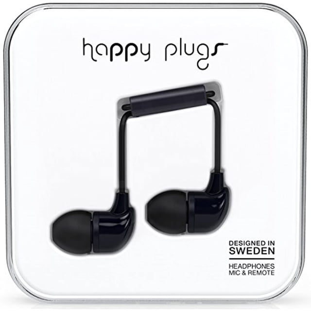 Happy Plugs In-Ear Earphones Black 7720, wired earbuds with a sleek black design, featuring an integrated microphone and remote control. Compatible with smartphones like iPhone, HTC, and Samsung. Packaged in a clear case with the Happy Plugs logo and 'Designed in Sweden' text.