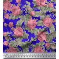 thumbnail image 1 of Soimoi Tissu Georgette Viscose Bleu Imprimé Feuilles & Roses au Mètre 42 Pouces de Large, 1 of 3