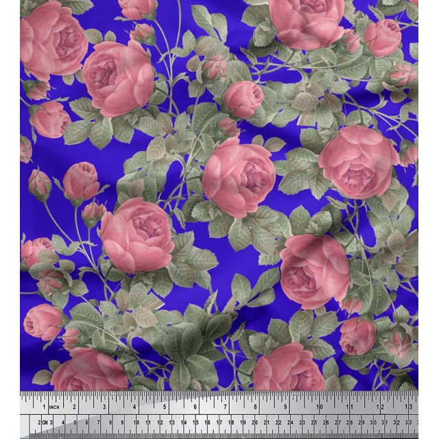 Soimoi Tissu Georgette Viscose Bleu Imprimé Feuilles & Roses au Mètre 42 Pouces de Large