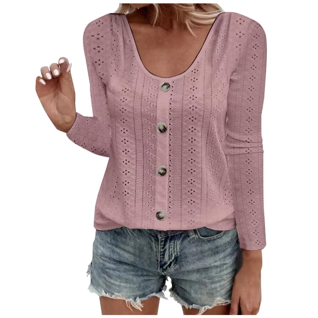 IROINID en Solde T-Shirts Grande Taille pour Femmes Col Rond Manches Longues Confortable Bouton Col Rond T-shirt Blouse Uni,Pink