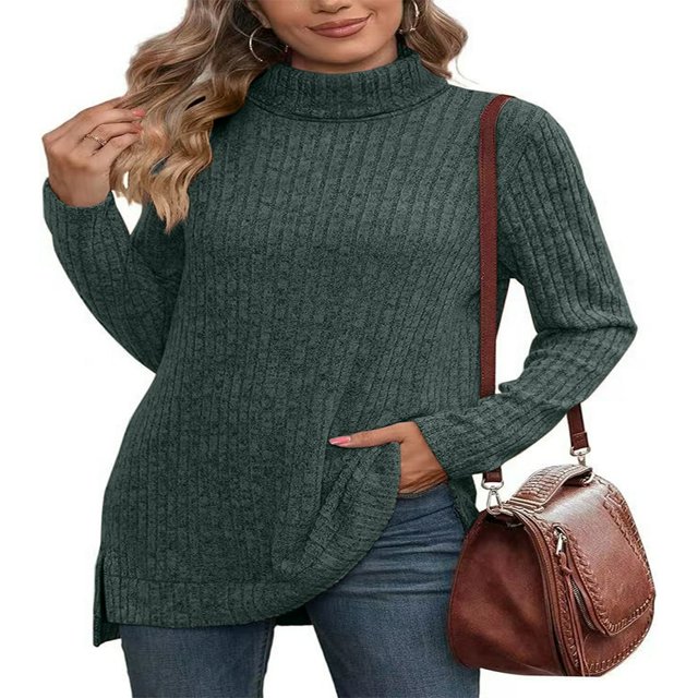 Ribbed Turtleneck Top for Women - Long Sleeve Basic Shirt with Side Slit