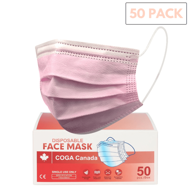 COGA Canada - Rose Lot de 50 Masques Faciaux Jetables 3 Plis Non Médicaux Non Chirurgicaux. un Masque Facial Jetable Rose pour Adulte avec Trois Couches de Protection : Hydrophobe Non Tissé, Soufflé à la Fondue et Matériaux Non Tissés Doux et Absorbants. Conçu pour le Confort, Comprend des Boucles d'Oreilles Ajustables et une Pince Nasale pour un Ajustement Sécuritaire. l'Emballage Met en Valeur la Quantité de 50 Pack et une Qualité Supérieure, Convient à un Usage Non Médical.