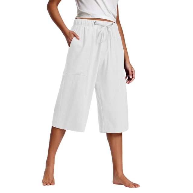 Kaemgyyd Womens Plus Size Capris Lounge Drawstring Cotton Linen Bermuda Shorts Flowy Wide Leg Beach Vaction Cropped Trousers