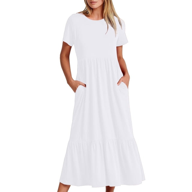 Weiqiqre Robes de Boîte de Nuit et de Sortie pour Femmes, Robe d'Été Décontractée à Manches Courtes et Col Rond pour Femmes, Robe Longue Fluide à Étages de Plage avec Poches