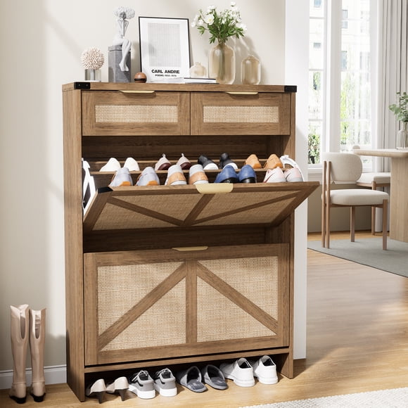 Conate Armoire de Rangement pour Chaussures avec 2 Tiroirs Basculants et 2 Tiroirs, Armoire à Chaussures Mince Style Ferme pour Entrée, Rotin Chêne Rustique