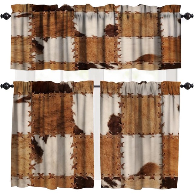 Vintage Fur Patchwork Curtains Valance,Western Farm Animal Cow Fur Pattern Patchwork Valance,Home Kitchen Living Room Decor Window Valance,3 Piece Set