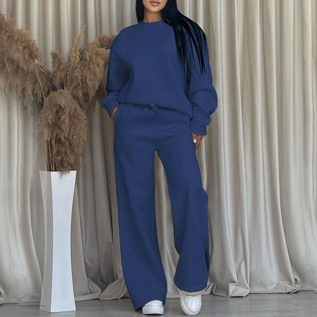 Wensltd Ensemble à Capuchon pour Femmes Couleur Unie Décontracté Col Ras du Cou Manches Longues Haut et Pantalon