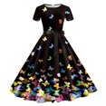 thumbnail image 1 of WILLBEST Robe Grise pour Femmes Femmes Imprimé Col Rond Manche Courte Robe de Soirée Bal des Années 1950, 1 of 2